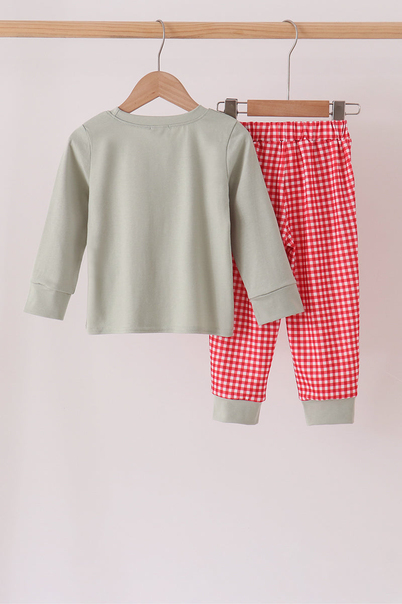 Sage Santa Applique Gingham Pants Set - Festive Holiday Style for Girls
