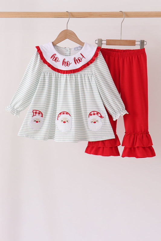 Sage Santa Applique Gingham Ruffle Pants Set - Festive Holiday Style for Girls