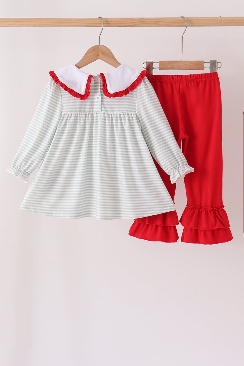 Sage Santa Applique Gingham Ruffle Pants Set - Festive Holiday Style for Girls