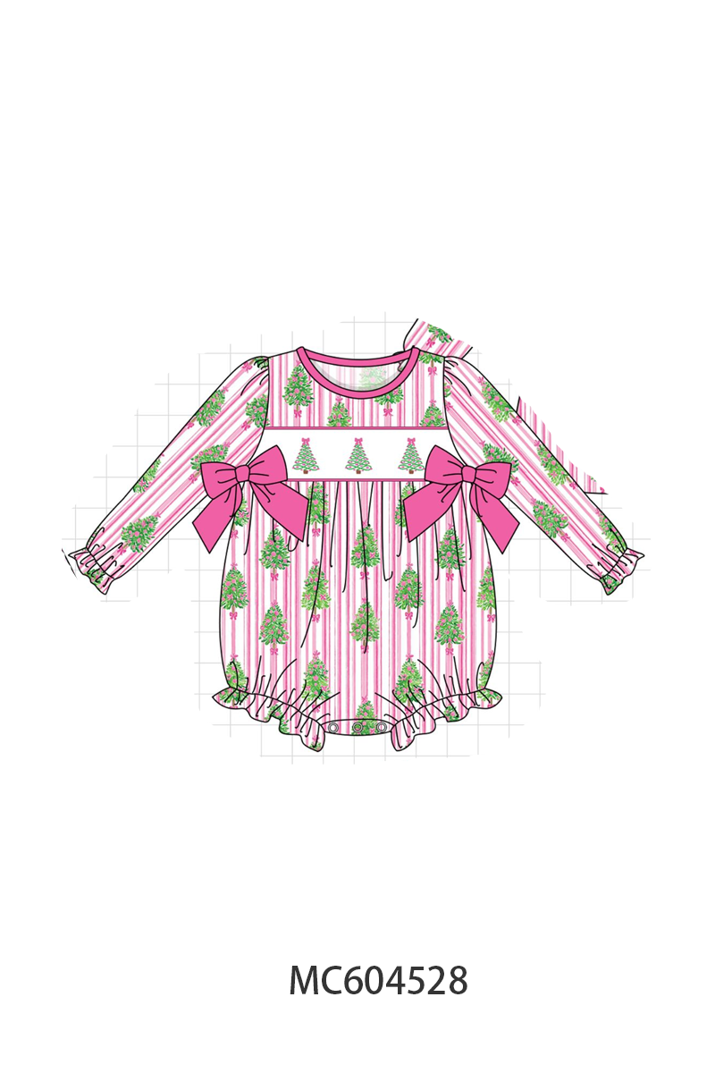 Pink Christmas Tree Embroidery Stripe Bow Bubble - Festive Holiday Style for Baby Girls