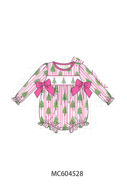 Pink Christmas Tree Embroidery Stripe Bow Bubble - Festive Holiday Style for Baby Girls