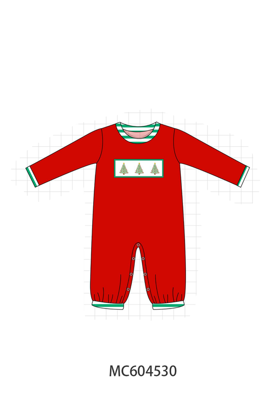 Red Christmas Tree Embroidery Romper - Festive Holiday Style for Baby Girls