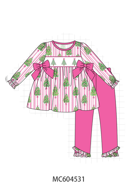 Pink Christmas Tree Embroidery Stripe Pants Set - Festive Holiday Style for Girls