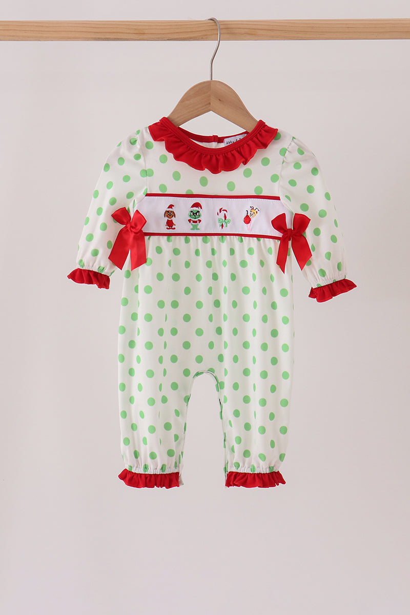 Green Grinch Embroidery Ruffle Dot Romper - Festive Holiday Style for Baby Girls