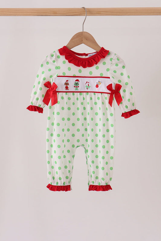 Green Grinch Embroidery Ruffle Dot Romper - Festive Holiday Style for Baby Girls