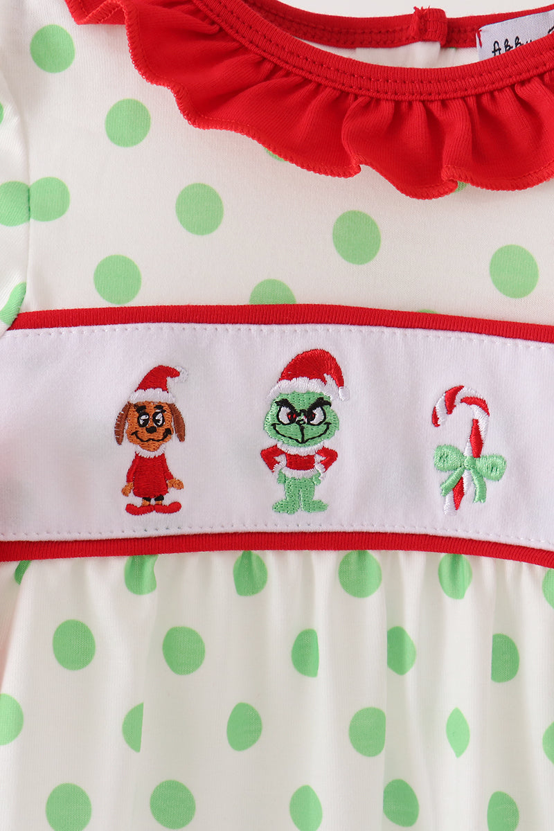 Green Grinch Embroidery Ruffle Dot Romper - Festive Holiday Style for Baby Girls
