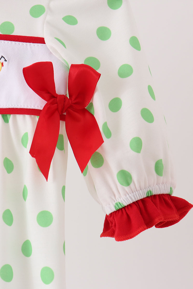 Green Grinch Embroidery Ruffle Dot Romper - Festive Holiday Style for Baby Girls