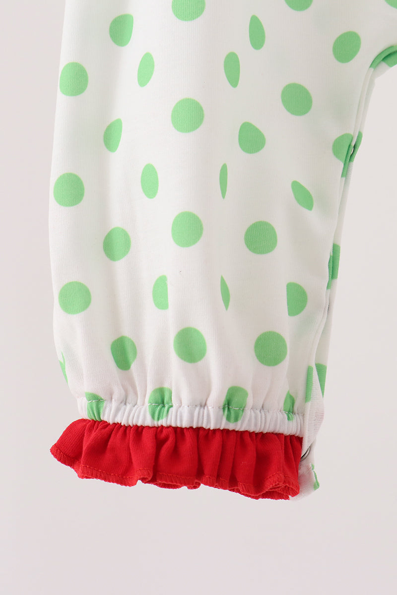 Green Grinch Embroidery Ruffle Dot Romper - Festive Holiday Style for Baby Girls