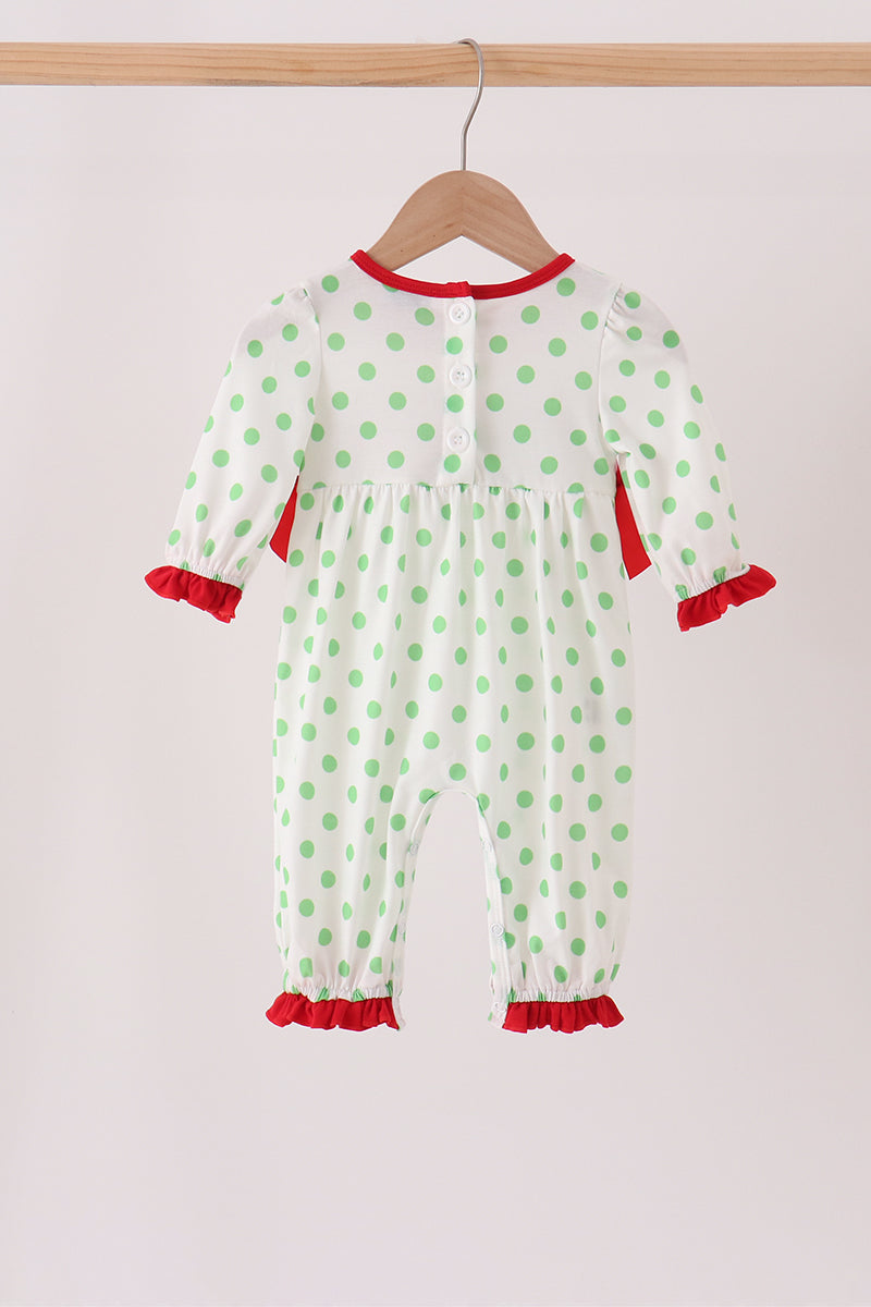 Green Grinch Embroidery Ruffle Dot Romper - Festive Holiday Style for Baby Girls