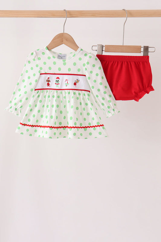 Green Grinch Embroidery Dot Bloomer Set - Festive Holiday Style for Baby Girls
