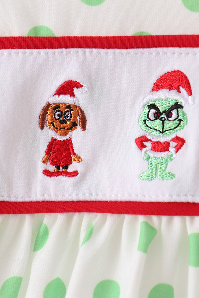 Green Grinch Embroidery Dot Bloomer Set - Festive Holiday Style for Baby Girls