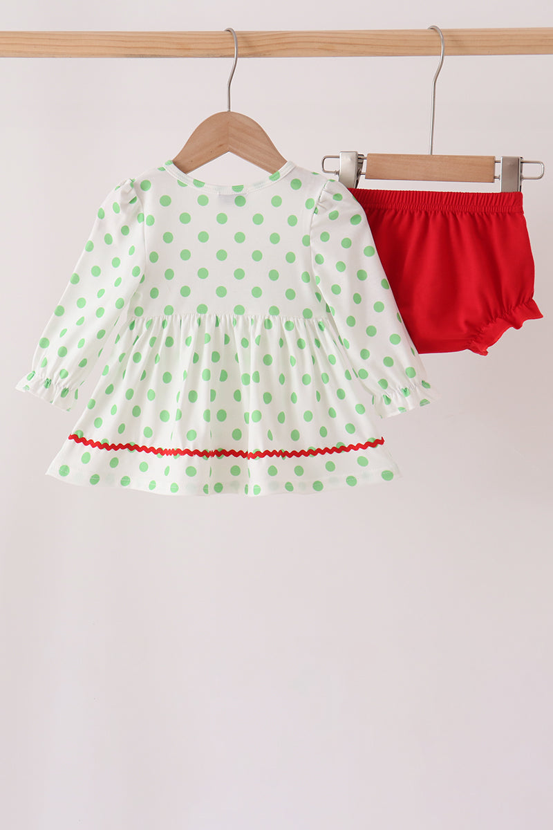 Green Grinch Embroidery Dot Bloomer Set - Festive Holiday Style for Baby Girls