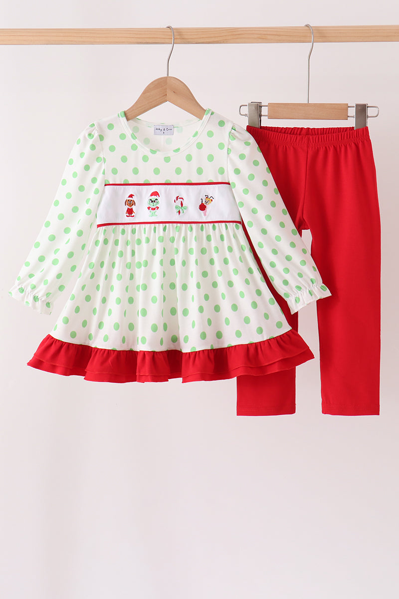 Green Dot Grinch Embroidery Ruffle Pants Set - Festive Holiday Style for Girls