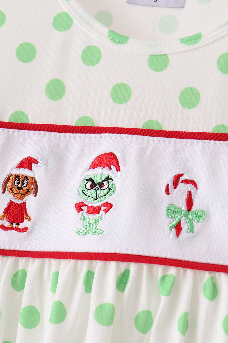 Green Dot Grinch Embroidery Ruffle Pants Set - Festive Holiday Style for Girls