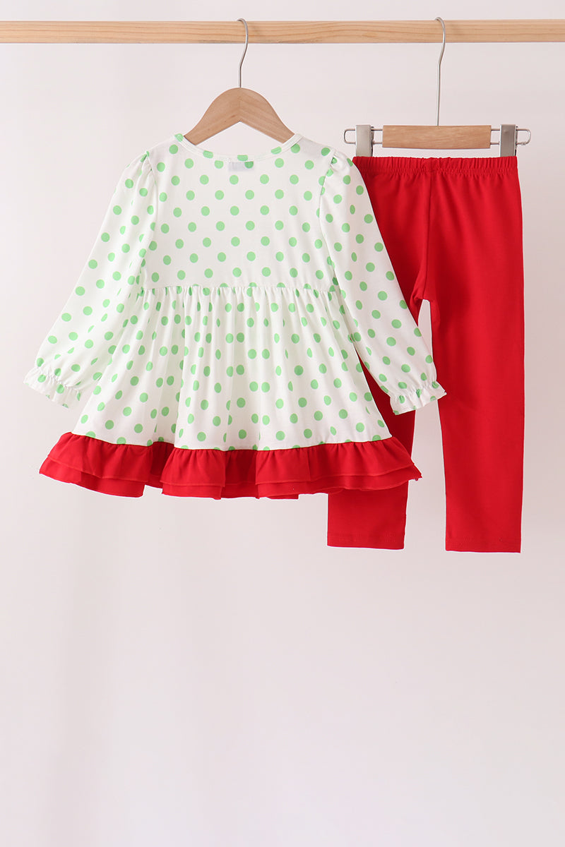 Green Dot Grinch Embroidery Ruffle Pants Set - Festive Holiday Style for Girls