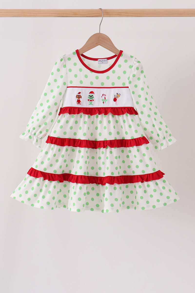 Green Dot Grinch Embroidery Ruffle Tiered Dress - Festive Holiday Style for Girls