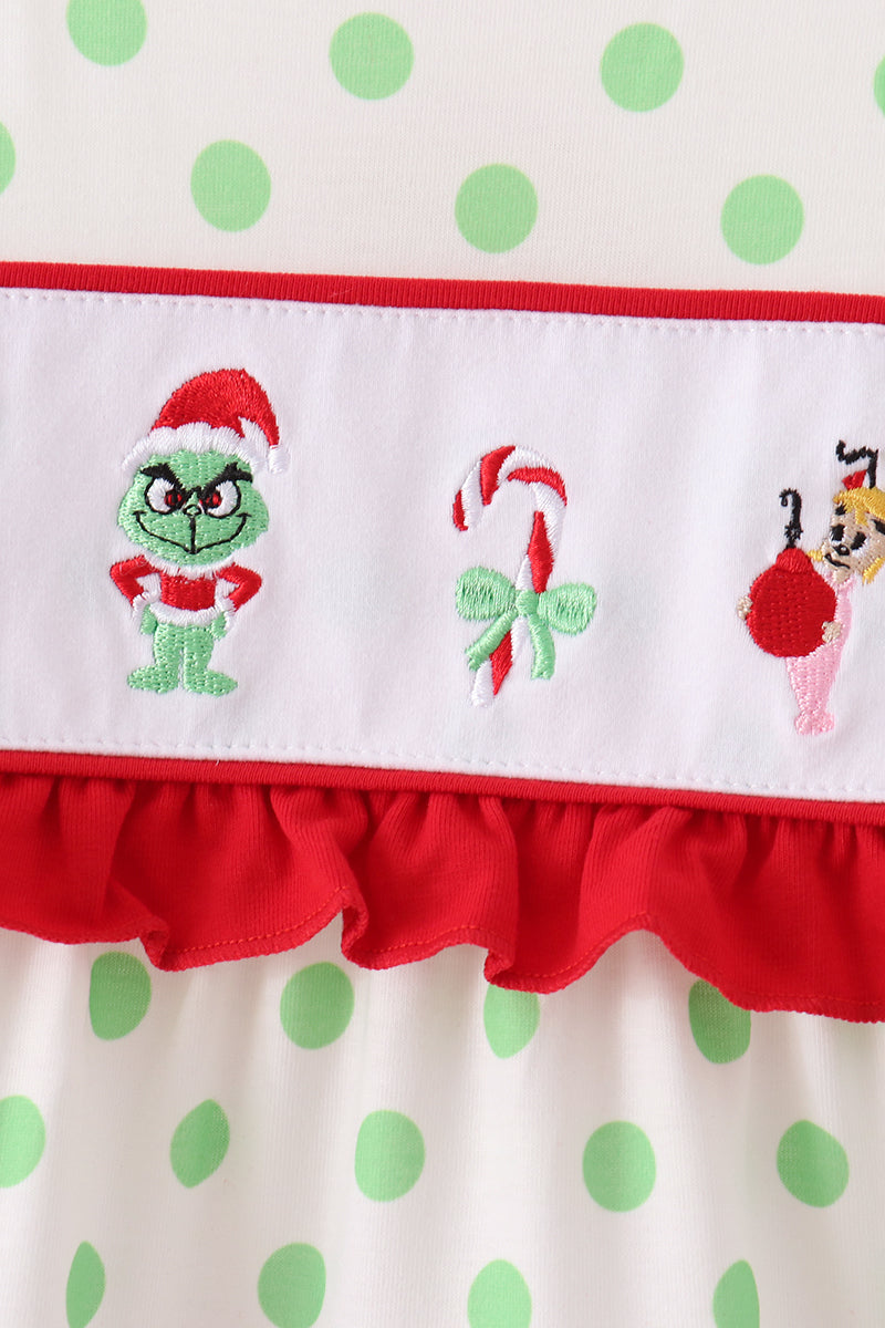 Green Dot Grinch Embroidery Ruffle Tiered Dress - Festive Holiday Style for Girls