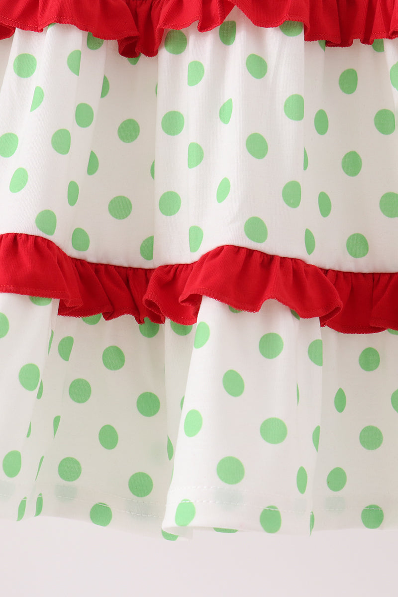 Green Dot Grinch Embroidery Ruffle Tiered Dress - Festive Holiday Style for Girls