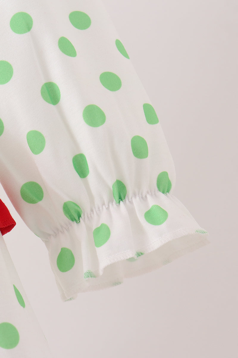 Green Dot Grinch Embroidery Ruffle Tiered Dress - Festive Holiday Style for Girls