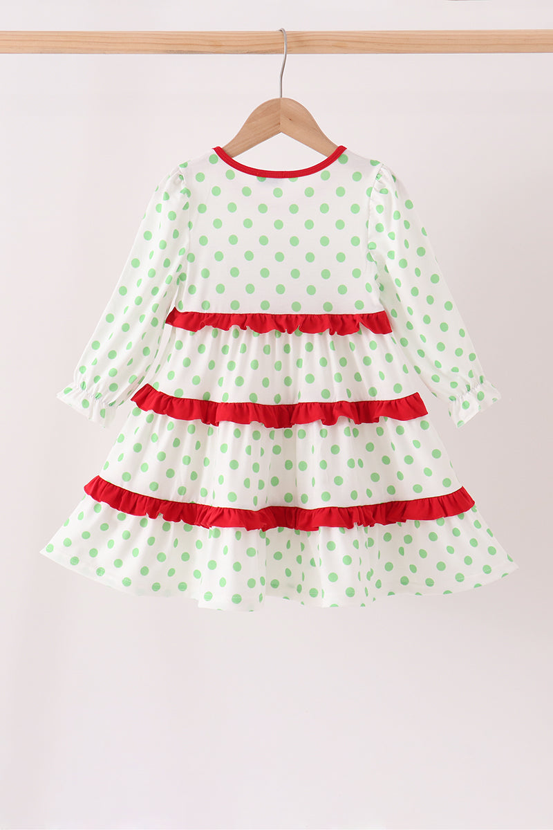Green Dot Grinch Embroidery Ruffle Tiered Dress - Festive Holiday Style for Girls