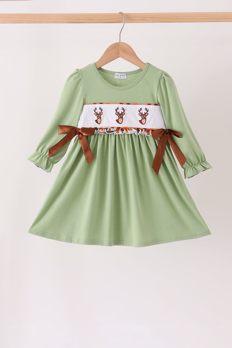 Sage Deer Embroidery Dress - Sweet Nature-Inspired Style for Girls