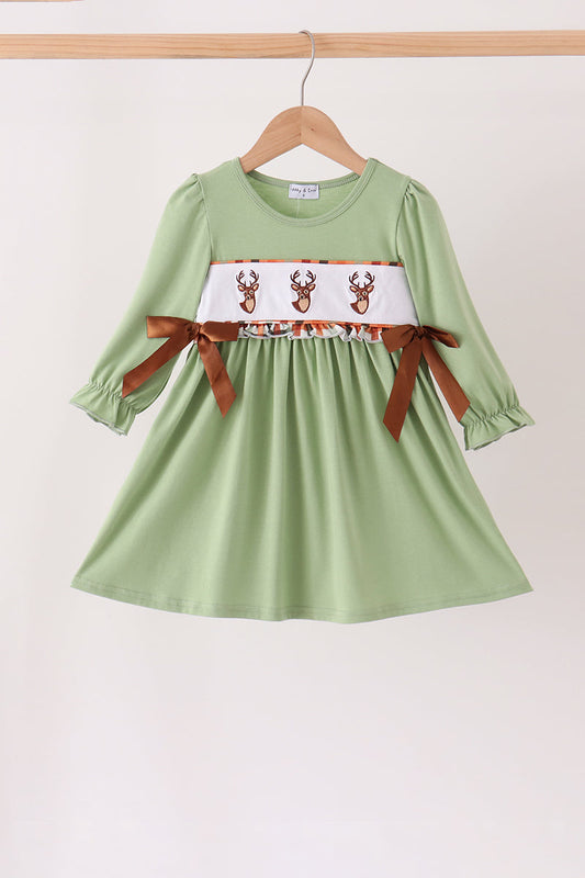 Sage Deer Embroidery Dress - Sweet Nature-Inspired Style for Girls