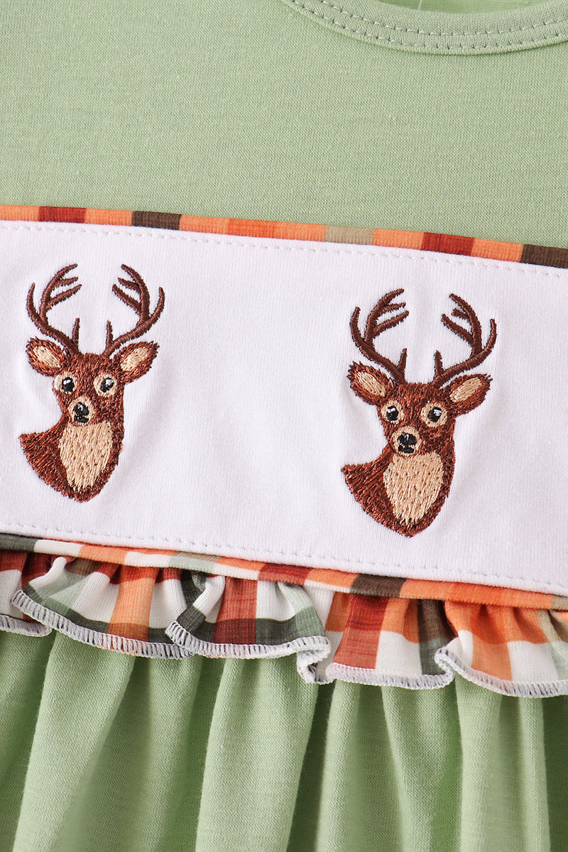 Sage Deer Embroidery Dress - Sweet Nature-Inspired Style for Girls