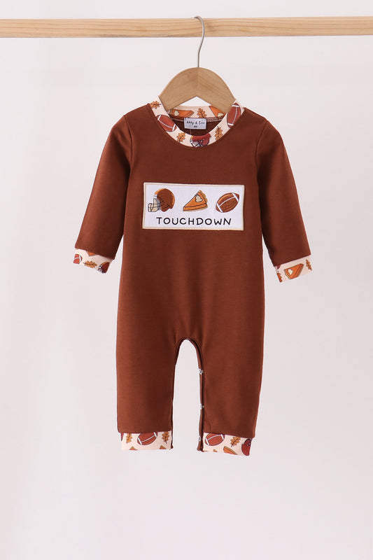 Brown Touchdown Football Embroidered Romper - Sweet Game Day Style for Baby Boys