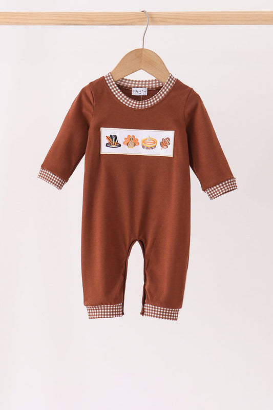 Brown Turkey Embroidered Romper with Gingham Trim - Sweet Thanksgiving Style for Baby Boys