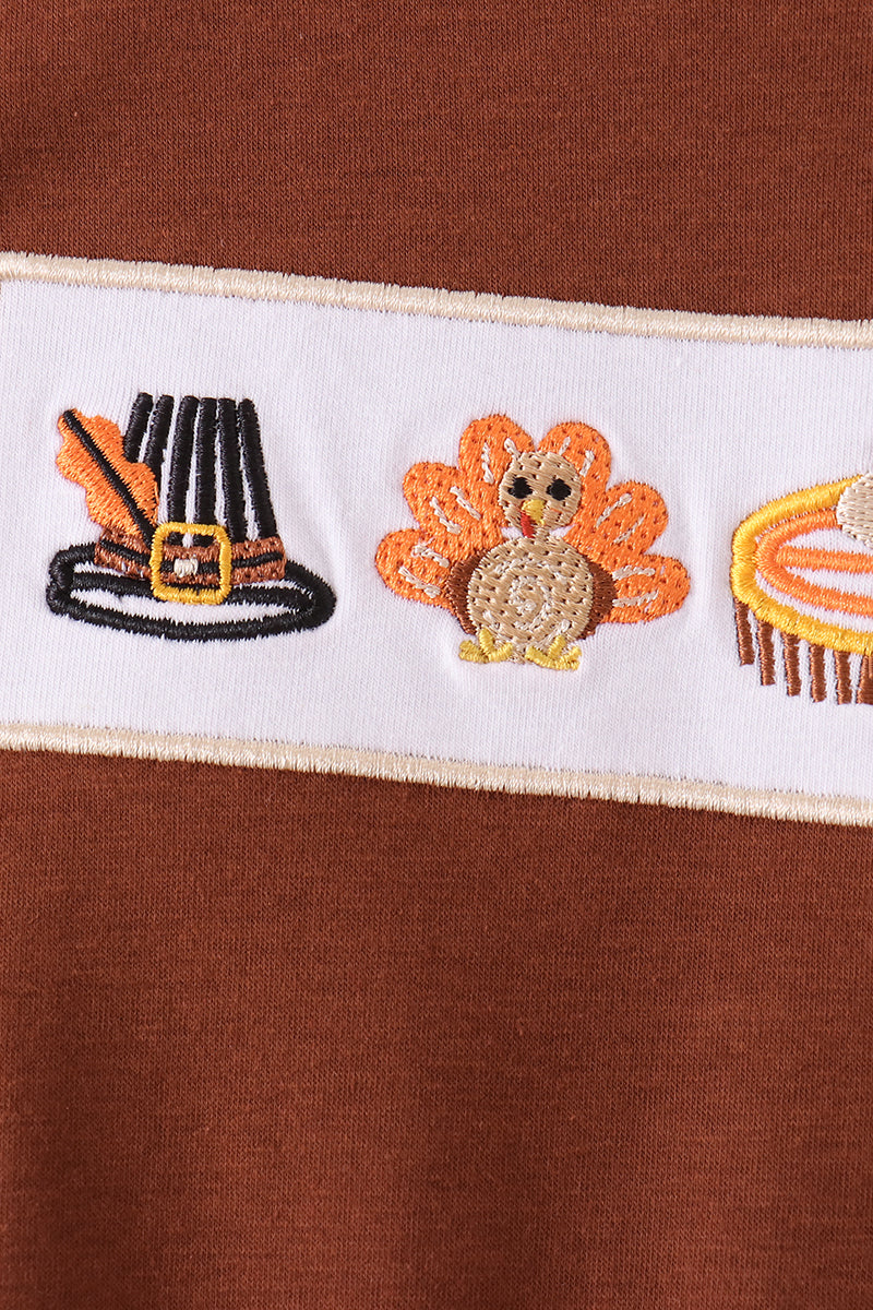 Brown Turkey Embroidered Romper with Gingham Trim - Sweet Thanksgiving Style for Baby Boys
