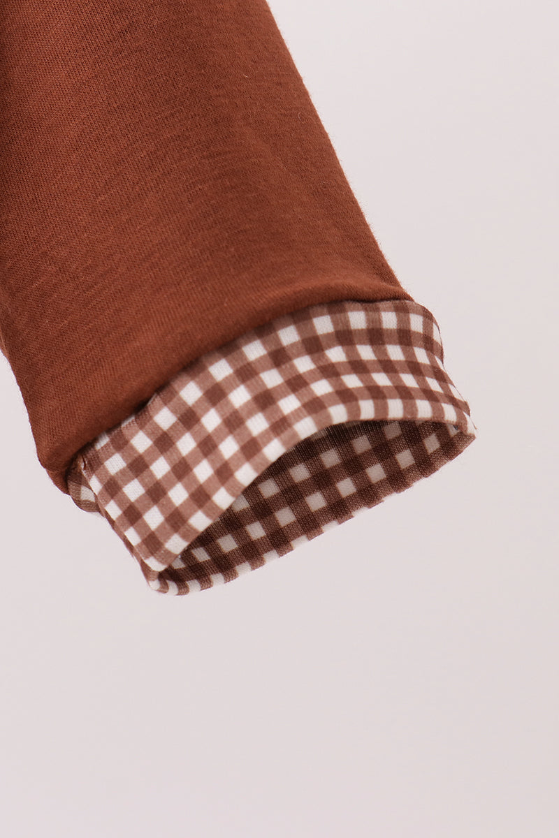 Brown Turkey Embroidered Romper with Gingham Trim - Sweet Thanksgiving Style for Baby Boys