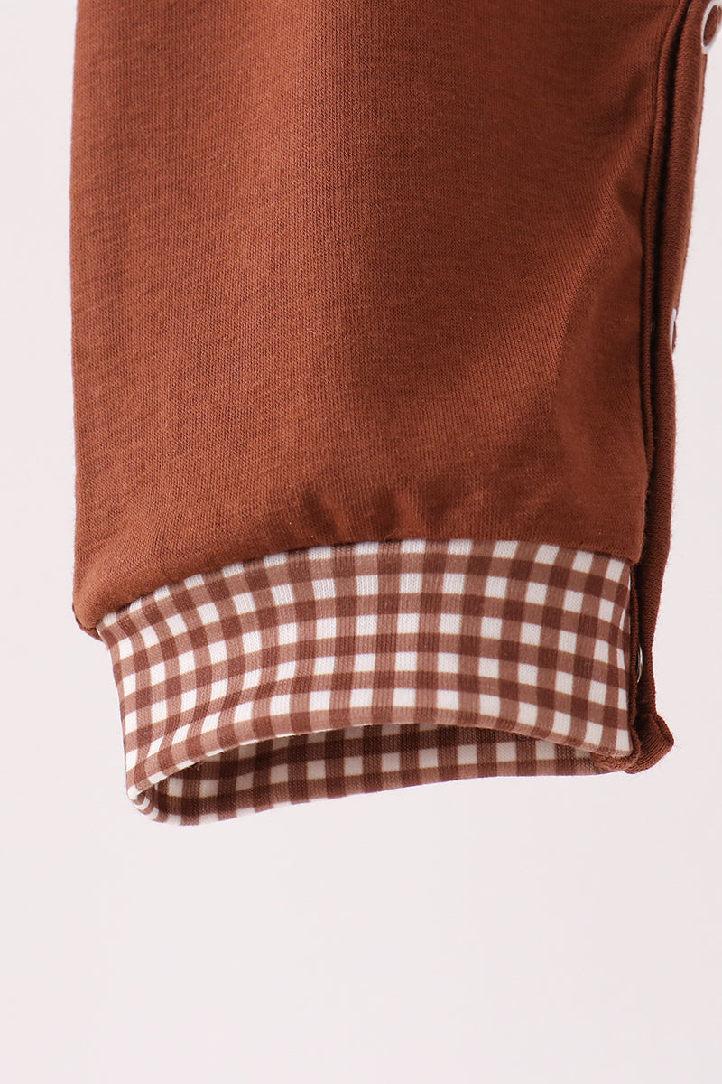 Brown Turkey Embroidered Romper with Gingham Trim - Sweet Thanksgiving Style for Baby Boys