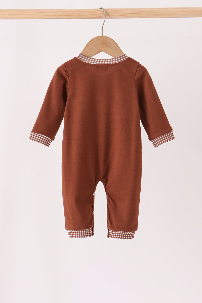 Brown Turkey Embroidered Romper with Gingham Trim - Sweet Thanksgiving Style for Baby Boys