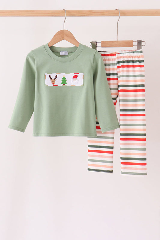 Green Reindeer & Tree Embroidery Stripe Pants Set - Merry Style for Boys