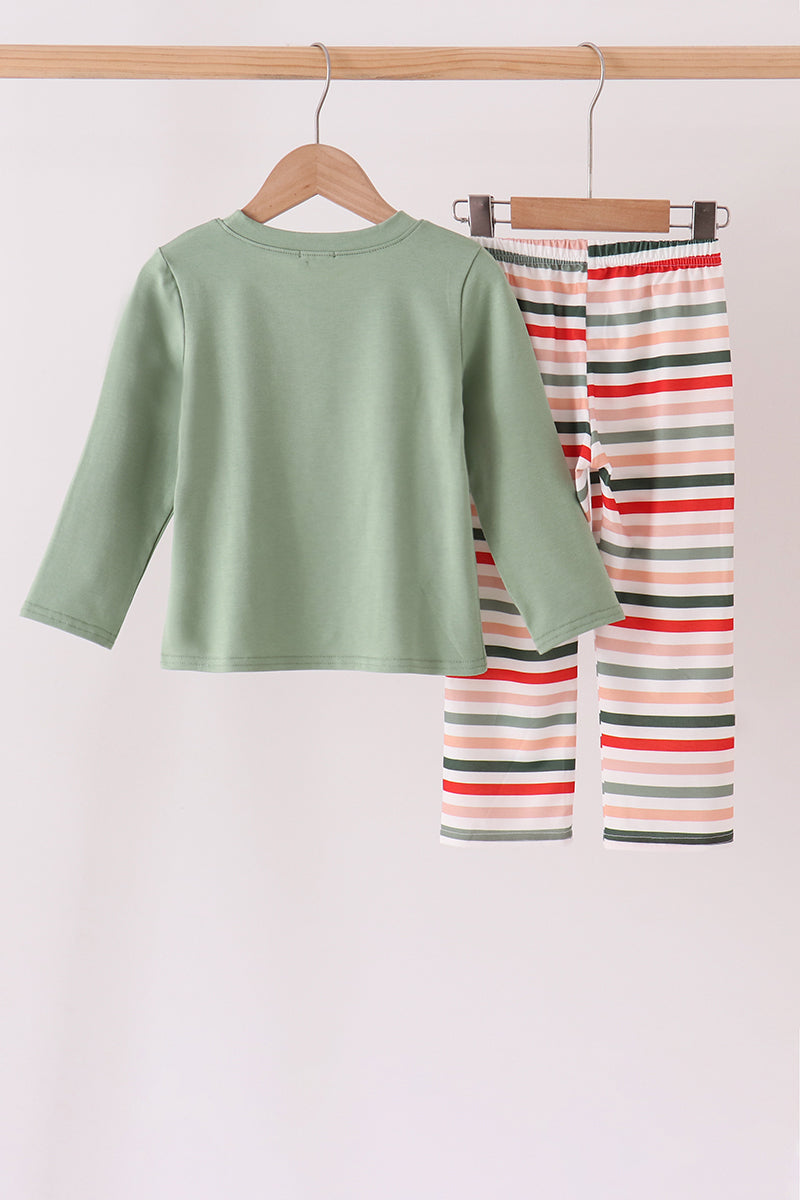 Green Reindeer & Tree Embroidery Stripe Pants Set - Merry Style for Boys