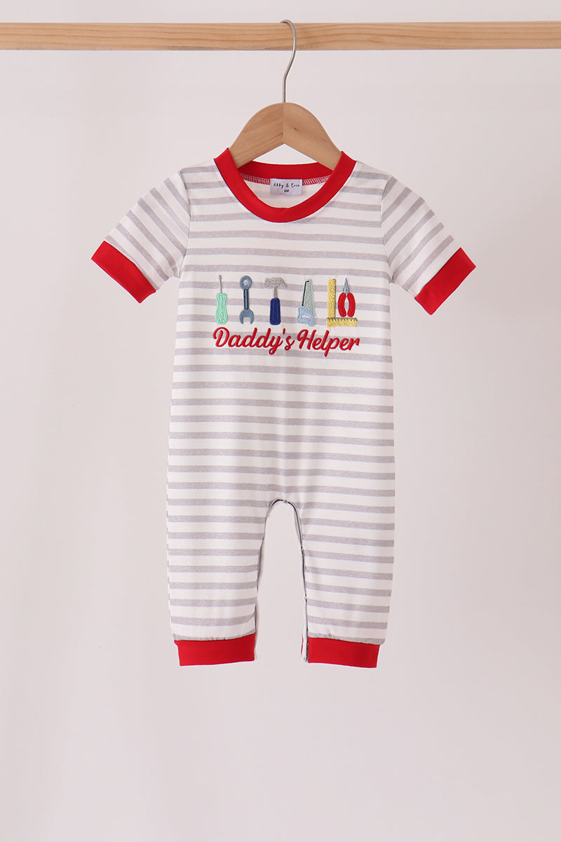 Gray Stripe Daddy's Helper Embroidery Romper - Sweet Baby Boy Moments