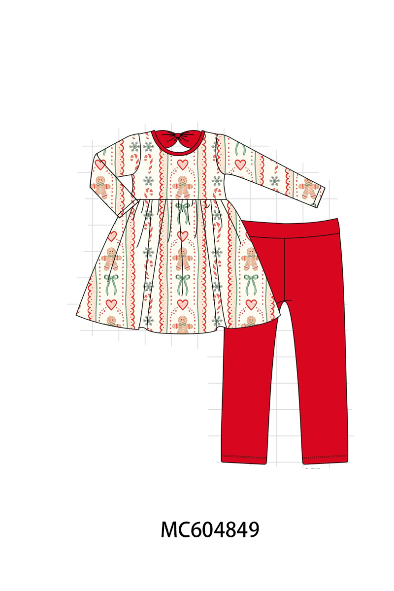 Red Gingerbread Bamboo Pants Set - Sweet Christmas Style for Girls