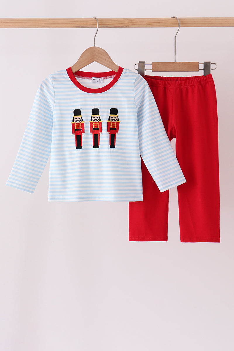 Blue Stripe Nutcracker Embroidery Pants Set - Festive Style for Boys