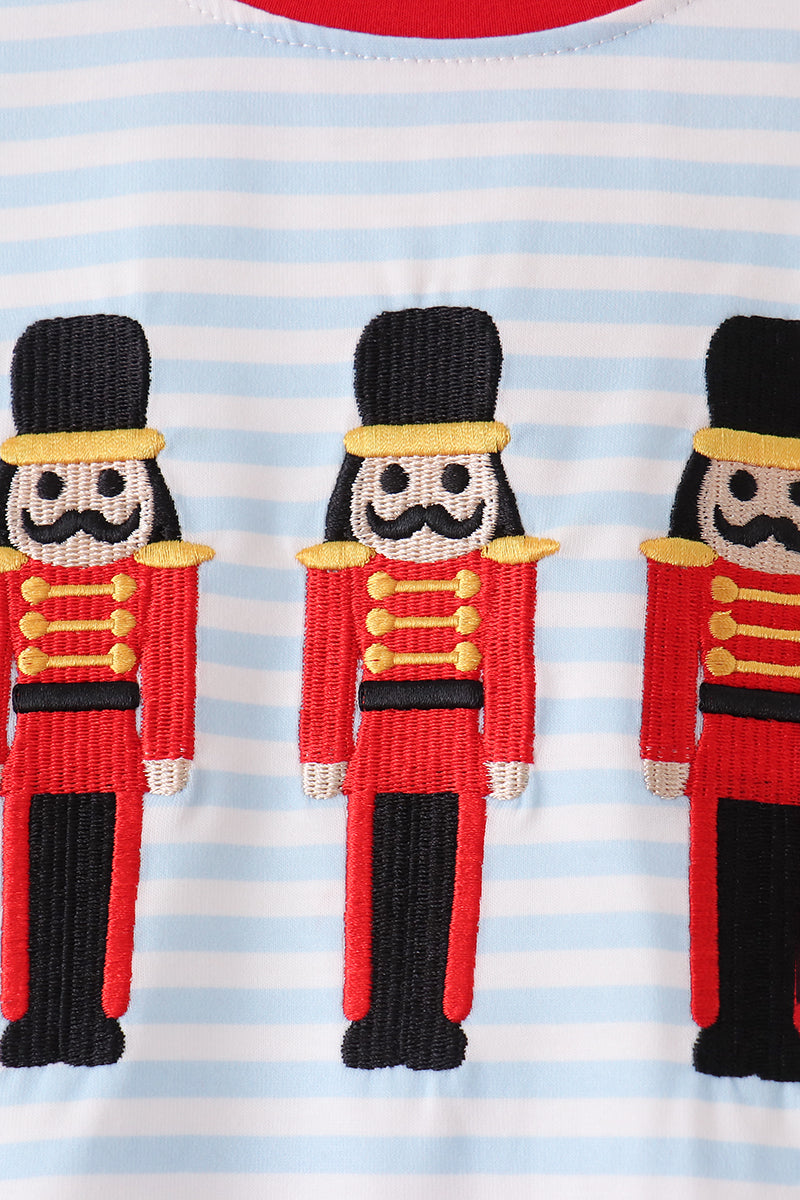 Blue Stripe Nutcracker Embroidery Pants Set - Festive Style for Boys