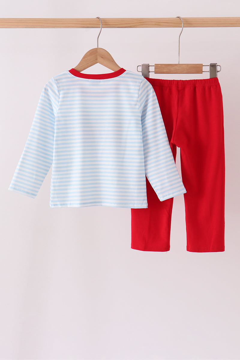 Blue Stripe Nutcracker Embroidery Pants Set - Festive Style for Boys