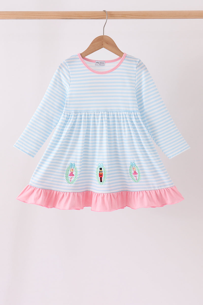 Blue Stripe Nutcracker Embroidery Ruffle Dress - Sweet Christmas Style for Girls