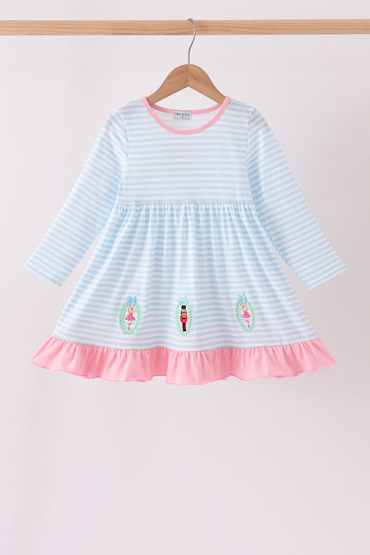 Blue Stripe Nutcracker Embroidery Ruffle Dress - Sweet Christmas Style for Girls