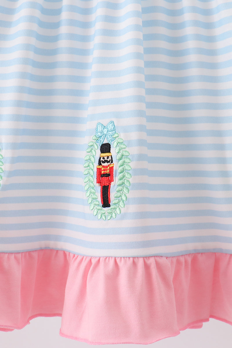 Blue Stripe Nutcracker Embroidery Ruffle Dress - Sweet Christmas Style for Girls