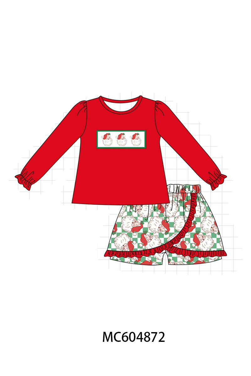 Red Santa Embroidery Ruffle Skorts Set - Sweet Christmas Style for Girls