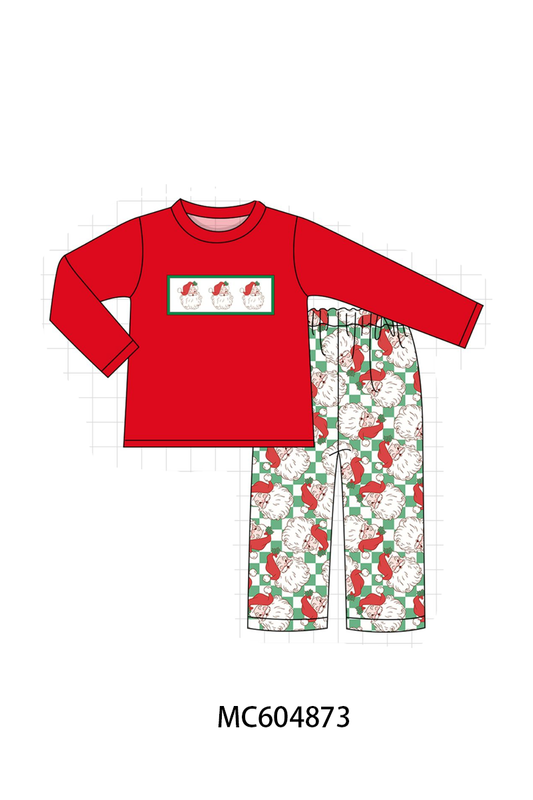 Red Santa Embroidery Pants Set - Merry Christmas Style for Boys