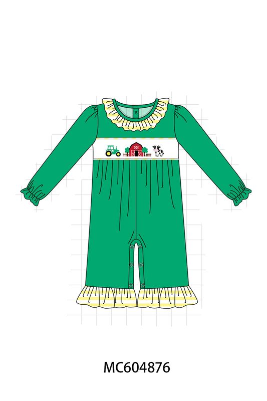 Green Farm Cow Embroidery Ruffle Romper - Sweet Baby Girl Style
