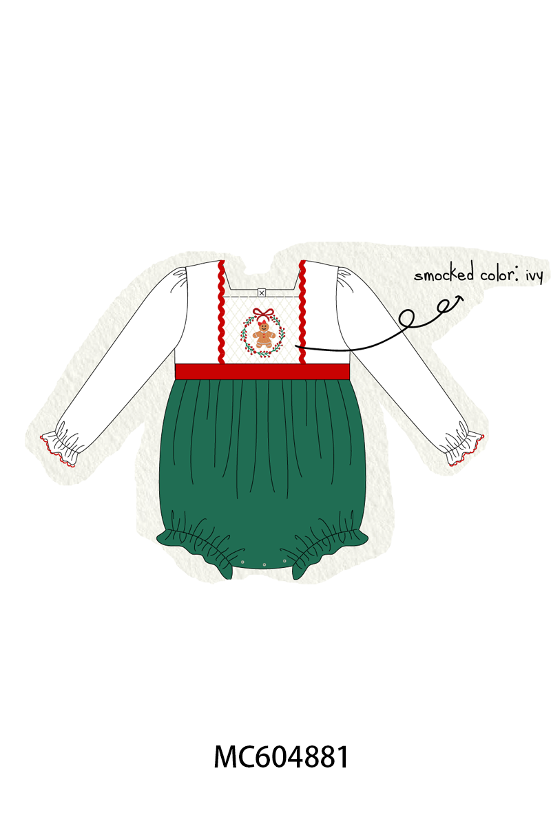 Green Gingerbread Smocked Bubble - Sweet Christmas Style for Baby Girls