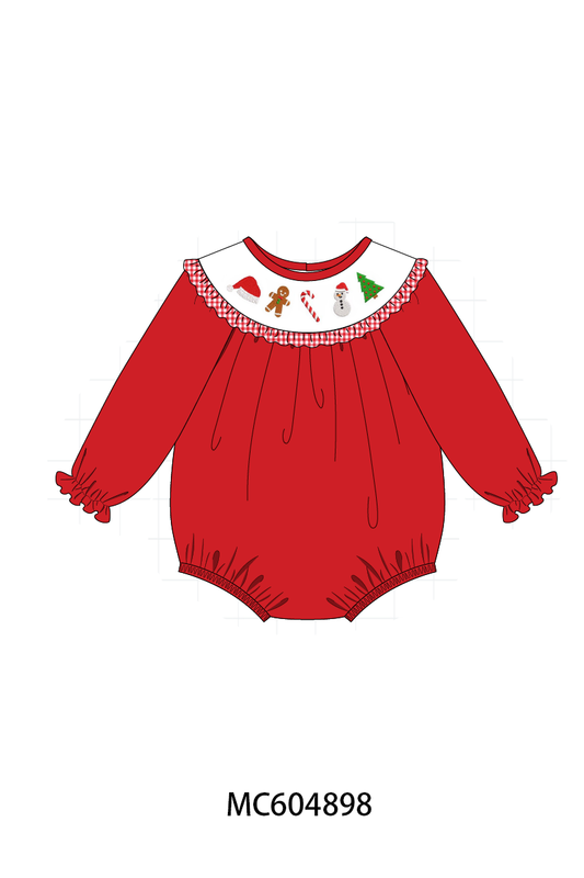 Red Holly Jolly Embroidery Ruffle Bubble - Sweet Christmas Style for Baby Girls