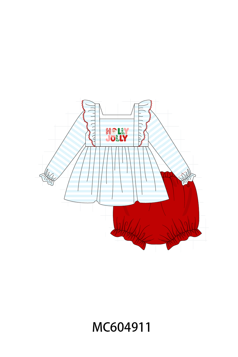 Blue Stripe Holly Jolly Ruffle Bloomer Set - Sweet Christmas Style for Girls