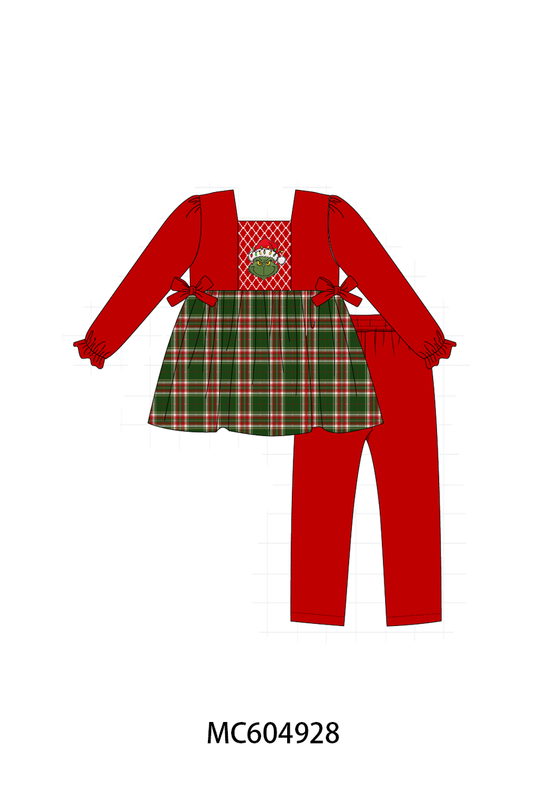 Red Grinch Smocked Pants Set - Playful Christmas Style for Girls